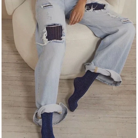 Free People Shimmer Tights NEW Dark Blue Ribbed One Size Boho Fall Made in Italy - Picture 6 of 8